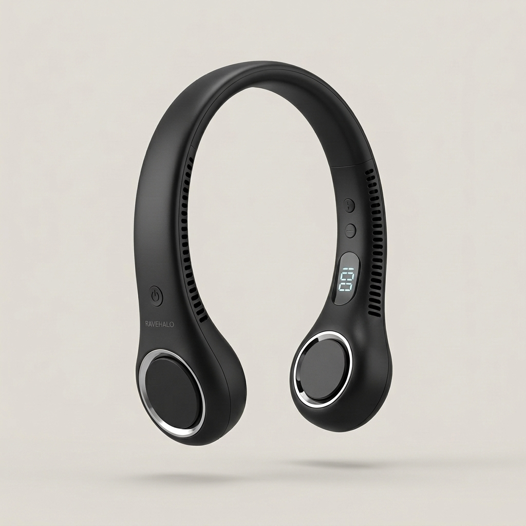RAVEHALO bladeless neck fan in black with LED display