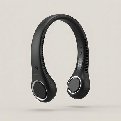 RAVEHALO bladeless neck fan in black with LED display