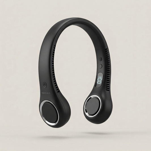 RAVEHALO bladeless neck fan in black with LED display