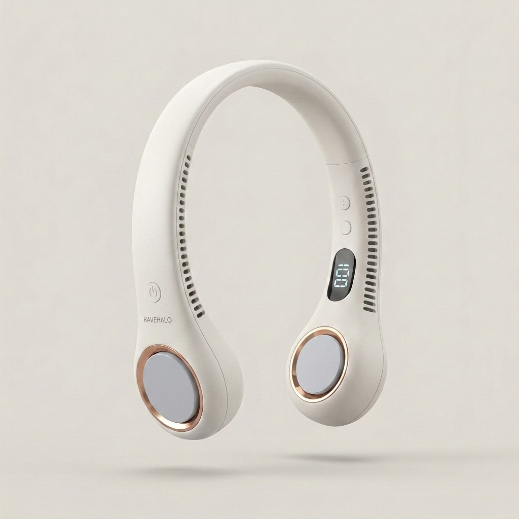 RAVEHALO neck fan in white with rose gold bezels