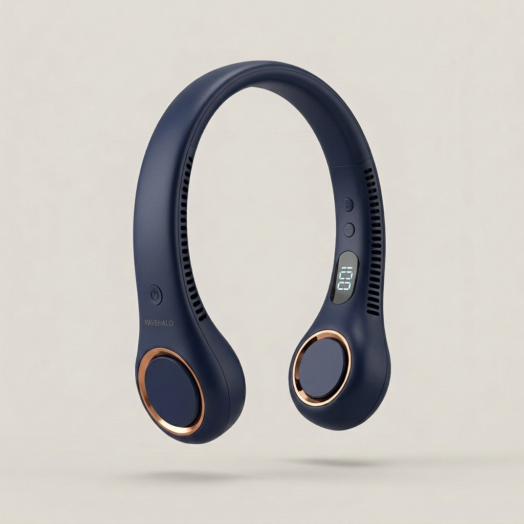 RAVEHALO neck fan in blue with copper bezels